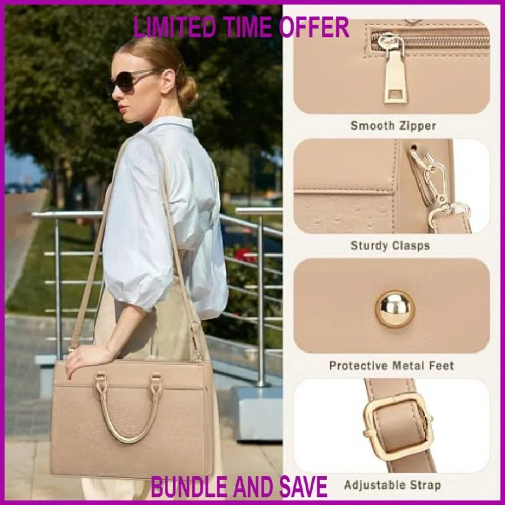 Large Waterproof Leather Laptop Tote Bag with Clutch Purse 15.6 Inch